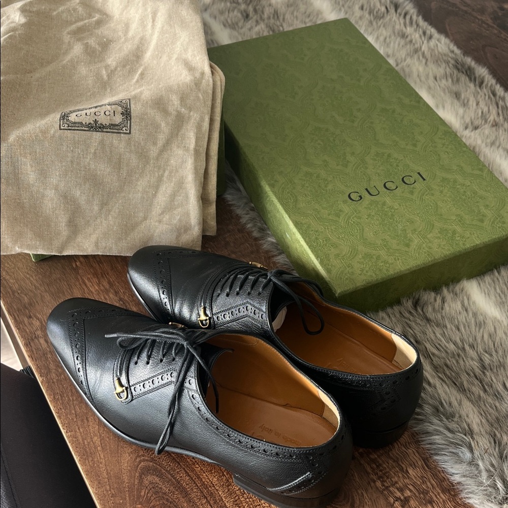 Gucci Black Leather Brogue Derby Shoes with Gold Hardware